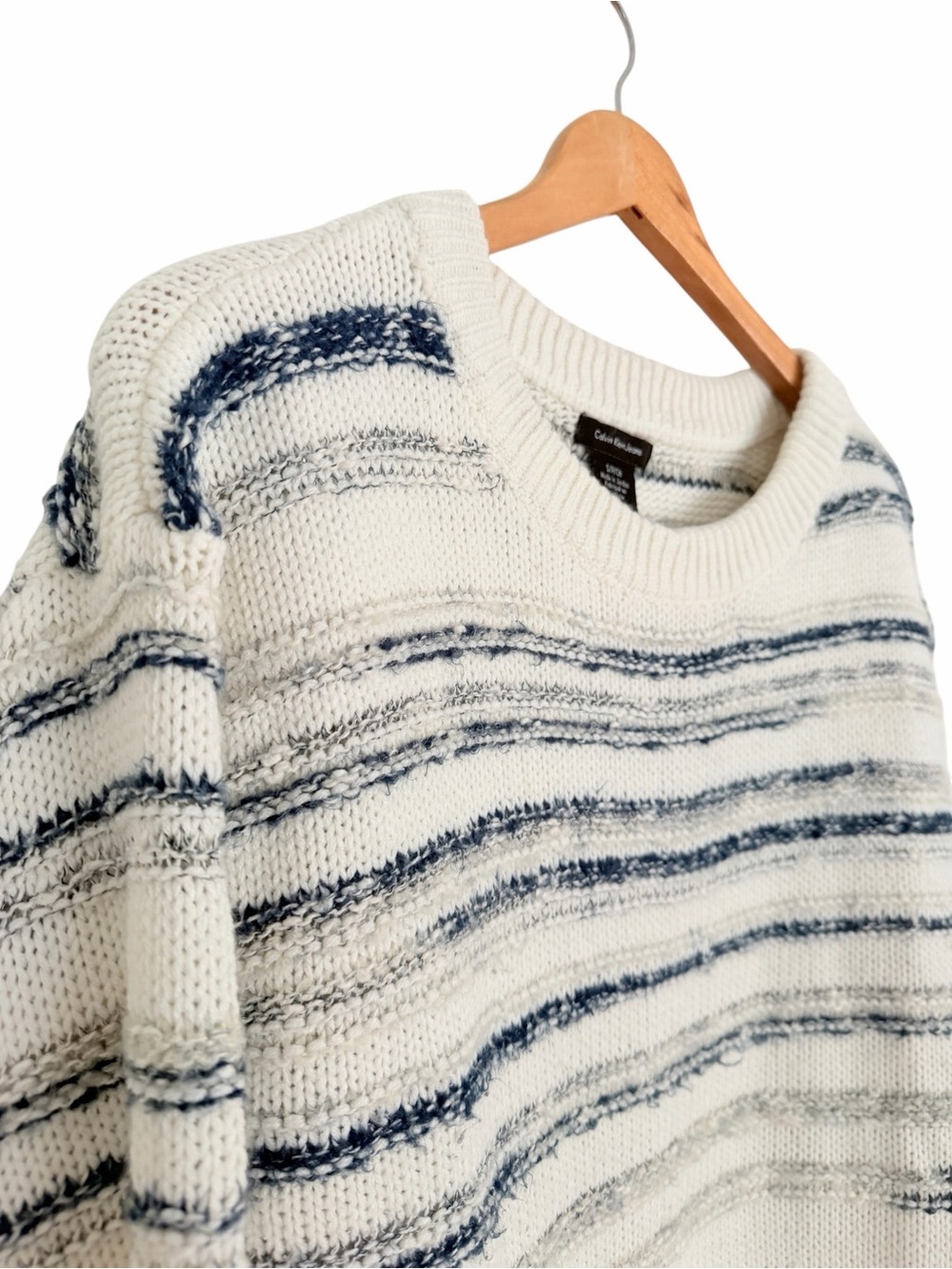 Calvin Klein Coastal-Style Textured Crewneck Sweater Cream Navy Stripes Sz SP - Picture 2 of 5